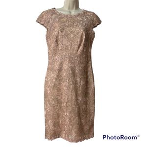 Tadashi Shoji dressy lace evening midi dress champagne color size 8